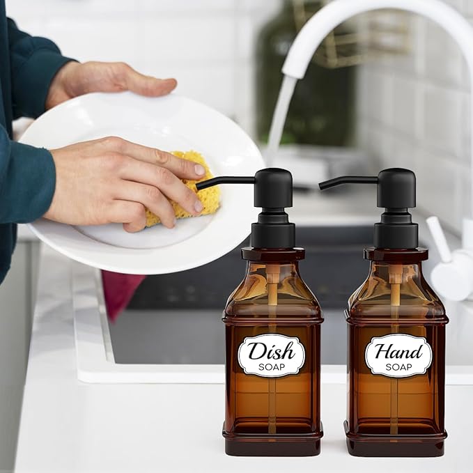 LMQML Soap Dispenser - 2 Pack, Antique Design Thick Amber Glass Hand Soap Dispensers with Sturdy Tray; 304 Rust Proof Stainless Steel Black Pump, 12Pcs Stickers, for Kitchen, Bathroom- Black - Image 8