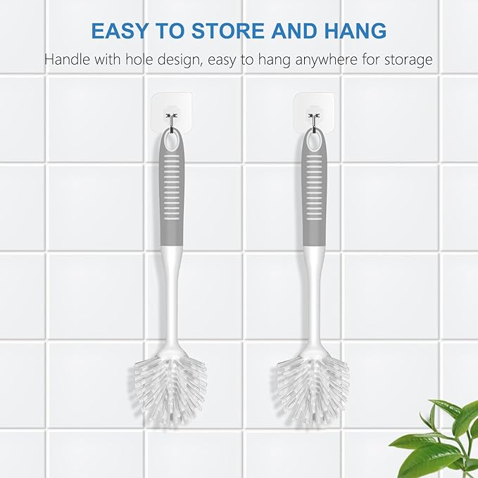 SetSail Dish Brush with Handle, 3 Pack Stiff Bristles Dish Scrubber with Built-in Scraper Dish Scrub Brushes for Cleaning Dishes, Pots and Pans, Kitchen Sink, 3 Pack, Grey White - Image 3
