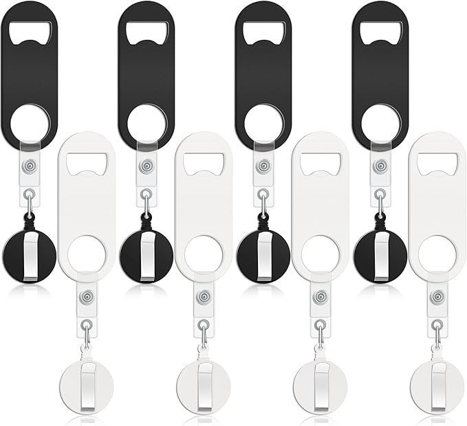 Honoson 8 Pieces Retractable Bottle Opener Bartender Flat Beer Opener with Round Badge Reel Clips Holder for Kitchen Restaurant Home Supplies Party Gifts (Classic,Black and White) by Honoson