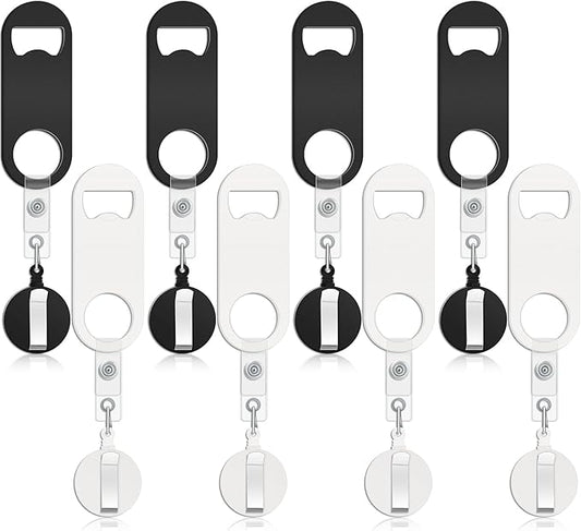 Honoson 8 Pieces Retractable Bottle Opener Bartender Flat Beer Opener with Round Badge Reel Clips Holder for Kitchen Restaurant Home Supplies Party Gifts (Classic,Black and White) by Honoson