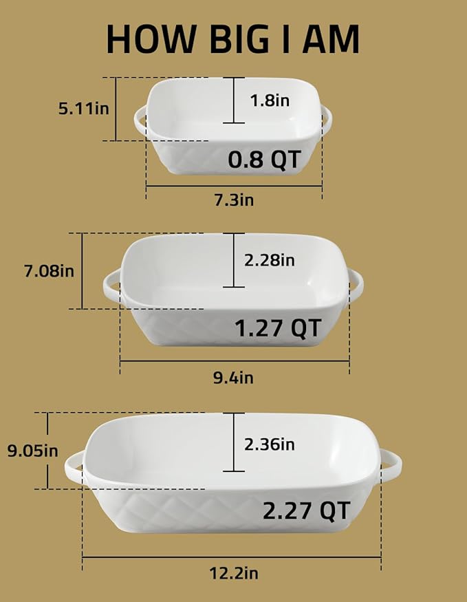 Sweejar Casserole Dishes for Oven, Baking Dish Set of 3,Ceramic Bakeware Set, Rectangular Baking Pan for Cooking,Kitchen,Banquet,12.2x9.2x2.5 Inches (White) - Image 3