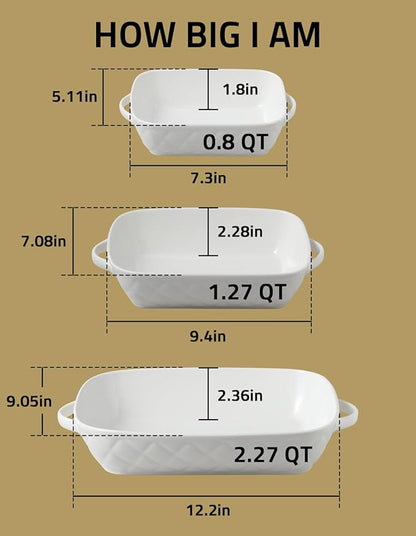 Sweejar Casserole Dishes for Oven, Baking Dish Set of 3,Ceramic Bakeware Set, Rectangular Baking Pan for Cooking,Kitchen,Banquet,12.2x9.2x2.5 Inches (White) - Image 3