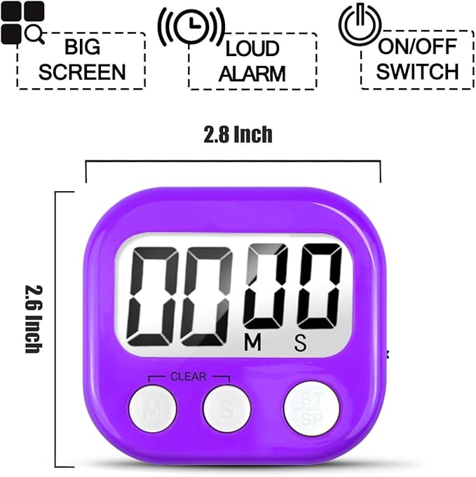 2 Pack Digital Kitchen Timer for Cooking Big Digits Loud Alarm Magnetic Backing Stand Cooking Timers for Baking Purple - Image 6