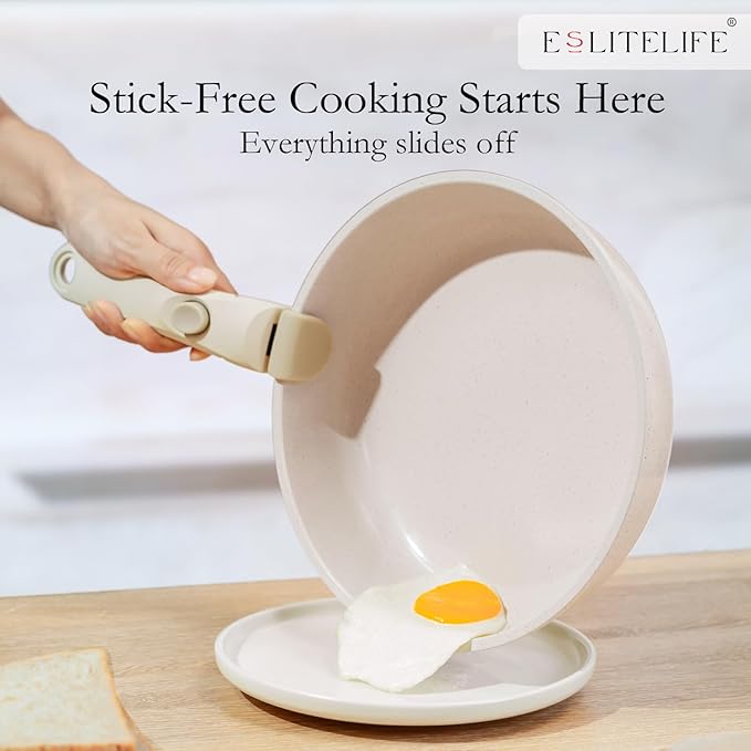 ESLITE LIFE Nonstick Ceramic Frying Pans Skillets Set with Lids & Detachable Handle, Non-Toxic Egg Omelette Kitchen Cooking Pans Compatible with All Stovetops, PTFE & PFOA Free, White, 7-Piece - Image 5