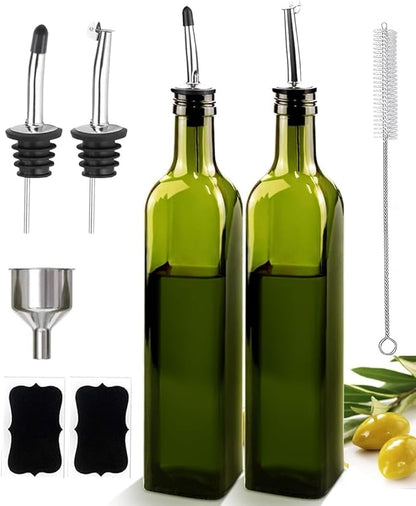 Glass Olive Oil Dispenser and Vinegar Dispenser Set with 2 Stainless Steel Pourers, 4 Labels, 1 Brush and 1 Funnel Oil Bottles for Kitchen (500ml)-Green (Olive Green) by Leaflai