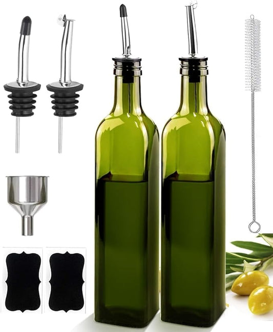 Glass Olive Oil Dispenser and Vinegar Dispenser Set with 2 Stainless Steel Pourers, 4 Labels, 1 Brush and 1 Funnel Oil Bottles for Kitchen (500ml)-Green (Olive Green) by Leaflai