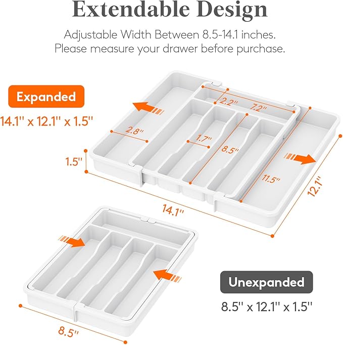 Lifewit Silverware Drawer Organizer, Expandable Utensil Tray for Kitchen, BPA Free Flatware and Cutlery Holder, Adjustable Plastic Storage for Spoons Forks Knives, 8.5-14 x 12", White - Image 2