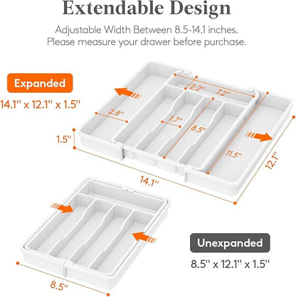 Lifewit Silverware Drawer Organizer, Expandable Utensil Tray for Kitchen, BPA Free Flatware and Cutlery Holder, Adjustable Plastic Storage for Spoons Forks Knives, 8.5-14 x 12", White - Image 2