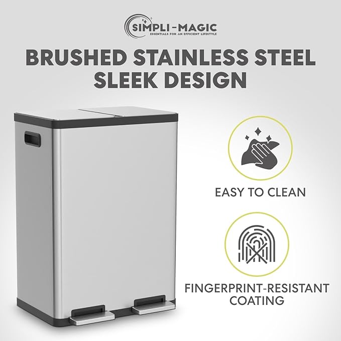 Simpli-Magic 16 Gallon (30L x 30L) Dual Compartment Step Trash Can – Kitchen Garbage Can with Slow-Close Lids – Waste & Recycling Bins, Odor Control, Hands-Free, Easy to Clean, Stainless Steel - Image 8