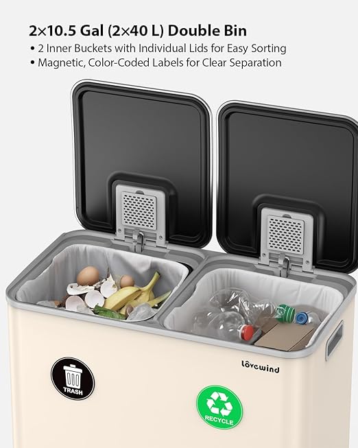 Lovewind Trash Can, 2 x 10.5 Gallon (2 x 40 L) Garbage Can for Kitchen Dual Compartment Recycling Kitchen Step Trash Bin, Stainless Steel Trash and Recycle Bin Combo with Soft-Close Lid, Apricot - Image 3