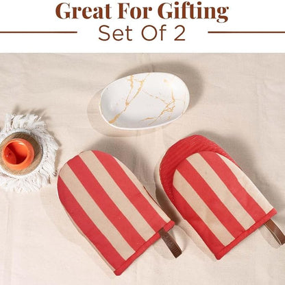 Folkulture Red Oven Mitts - Set of 2 (5.75"x9") | Cute Red Oven Mitts with Hanging Loop for Cooking Gifts, Kitchen Decor| 100% Cotton, Silicone Heat Resistant Oven-Gloves for New Home Essentials
