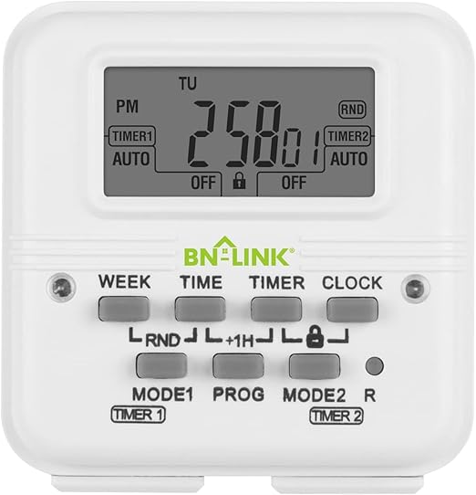 BN-LINK Indoor Digital Light Timer, 7 Day Programmable Plug with 2 Independent 3-Prong Outlets, for Lamps, Fans, 2 On/Off Settings, 1 Pack, 15A/1875W, ETL Listed by BN-LINK