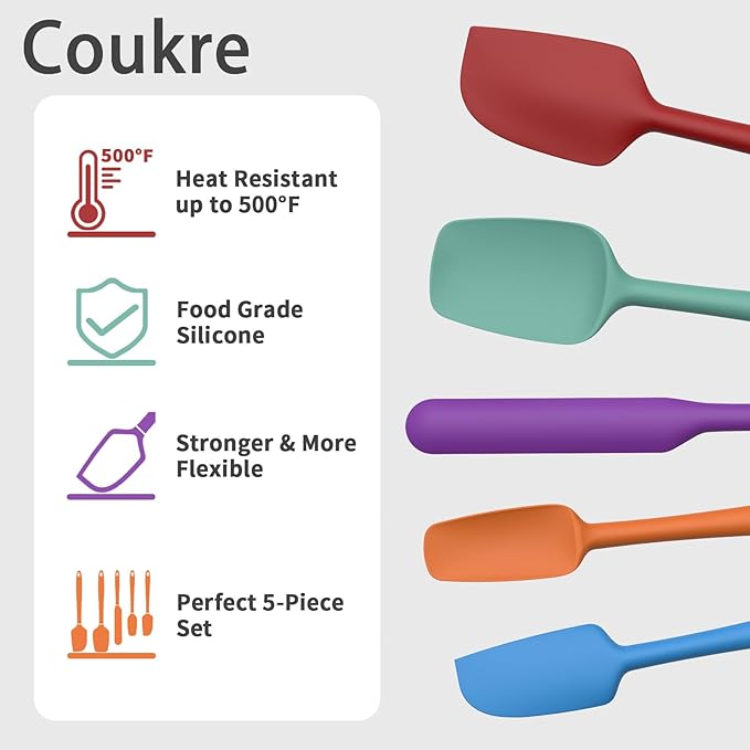 Coukre Silicone Spatula Set of 5,High Heat Resistant, Food Grade Silicone, Upgraded Extended Reinforced Handle,Dishwasher Safe, for Baking, Cooking (Pure Colorful B, Solid color) - Image 3