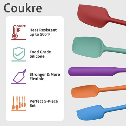 Coukre Silicone Spatula Set of 5,High Heat Resistant, Food Grade Silicone, Upgraded Extended Reinforced Handle,Dishwasher Safe, for Baking, Cooking (Pure Colorful B, Solid color) - Image 3
