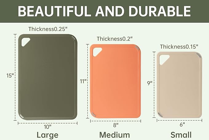 THETCHRY Plastic Cutting Board Set, Cutting Boards for Kitchen BPA Free, Large-Small Chopping Boards Set of 3 Non-Slip for Cooking Camping Dishwasher Safe, Reversible, with Grip Handle, 15"×10"×0.6" - Image 2