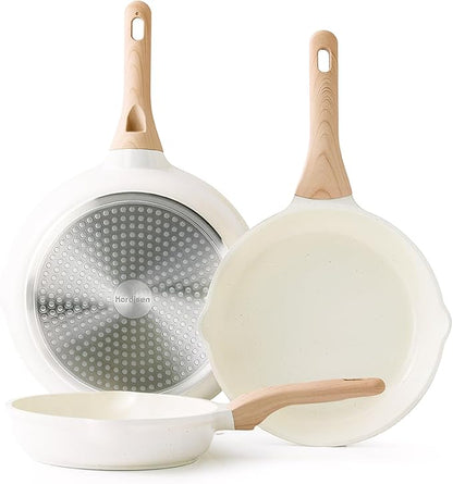 Kordisen Nonstick Ceramic Frying Pan Set, 3 Piece Ceramic Skillet Set, Healthy Non Toxic Cooking Pan, Stay-Cool Handle, Induction Compatible, PFOA & PFAS Free, White(9.5, 11, 12.5 Inch) by Kordisen