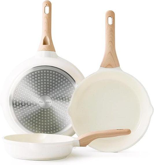 Kordisen Nonstick Ceramic Frying Pan Set, 3 Piece Ceramic Skillet Set, Healthy Non Toxic Cooking Pan, Stay-Cool Handle, Induction Compatible, PFOA & PFAS Free, White(9.5, 11, 12.5 Inch) by Kordisen