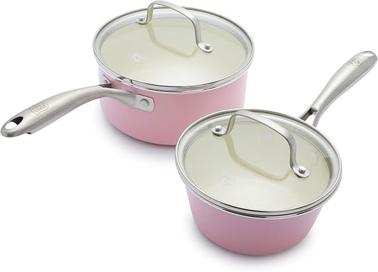 GreenLife Artisan Healthy Ceramic Nonstick, 1QT and 2QT Saucepan Pot Set with Lids, Stainless Steel Handle, Induction, PFAS-Free, Dishwasher Safe, Oven Safe, Pink