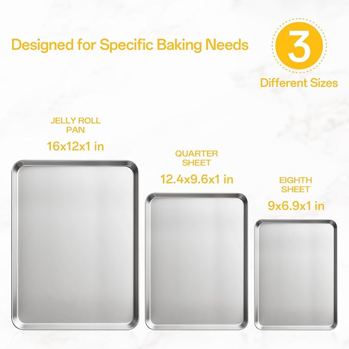 Ohtomber Stainless Steel Baking Sheet Pan Set, 3 Pack Cookie Sheets for Baking, Heavy Duty Stainless Steel Cookware Set, Oven Cookie Tray for Roasting, 9/12/16 Inch - Image 2