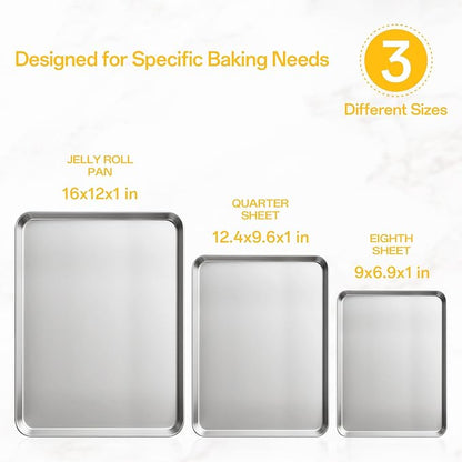 Ohtomber Stainless Steel Baking Sheet Pan Set, 3 Pack Cookie Sheets for Baking, Heavy Duty Stainless Steel Cookware Set, Oven Cookie Tray for Roasting, 9/12/16 Inch - Image 2