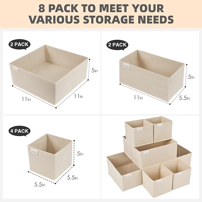 Criusia Drawer Organizer Clothes, 8 Pack Underwear Drawer Organizer, Foldable Cloth Storage Box Closet Organizers and Storage for Clothes, Socks, Scarves, Ties (Beige) - Image 2