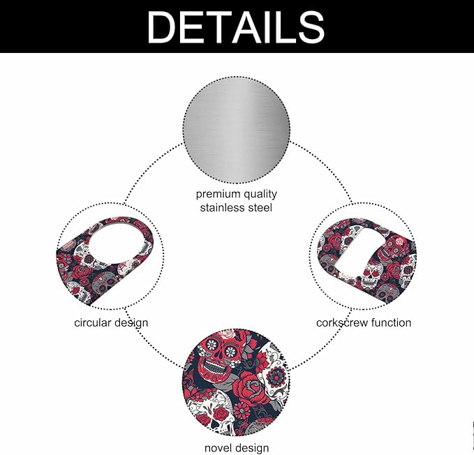 Skull and Flowers Stainless Steel Bottle Opener Day of The Dead Skull Red Peony Rock Roll Fashion Style Flat Beer Bottle Opener Keychain for Home Kitchen Bar Restaurant Party Birthday Gift