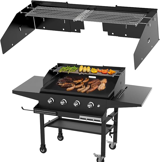 Universal Wind Guard and Warming Rack Fit for Griddle Without a Hood from 28" to 36", Wind Screen and Cooking Grid BBQ Griddle Accessories for Blackstone and Other Griddle with Rear Grease
