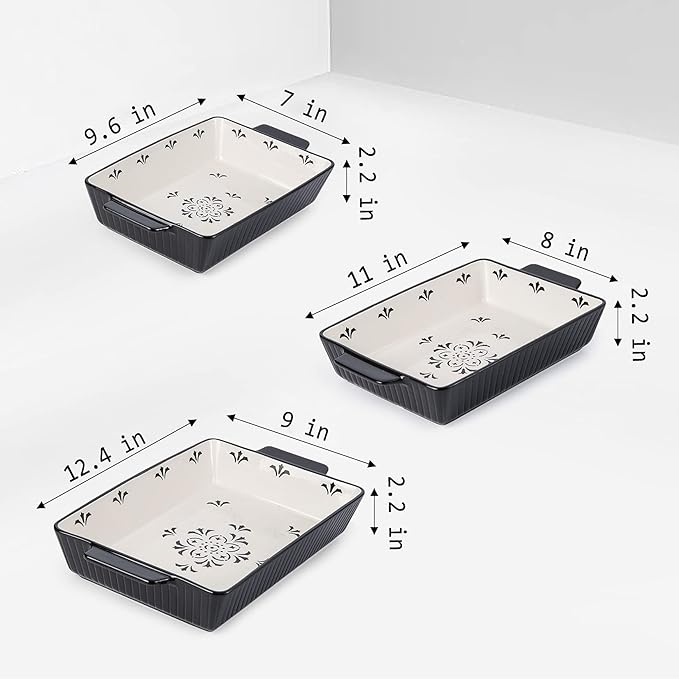 Baking Dishes Bakeware Set Ceramic Casserole Dish, Rectangular Shape, Oven safe, Nonstick, for Cooking, Cake Dinner, Kitchen, 13x9inch, 3pcs, Black - Image 2