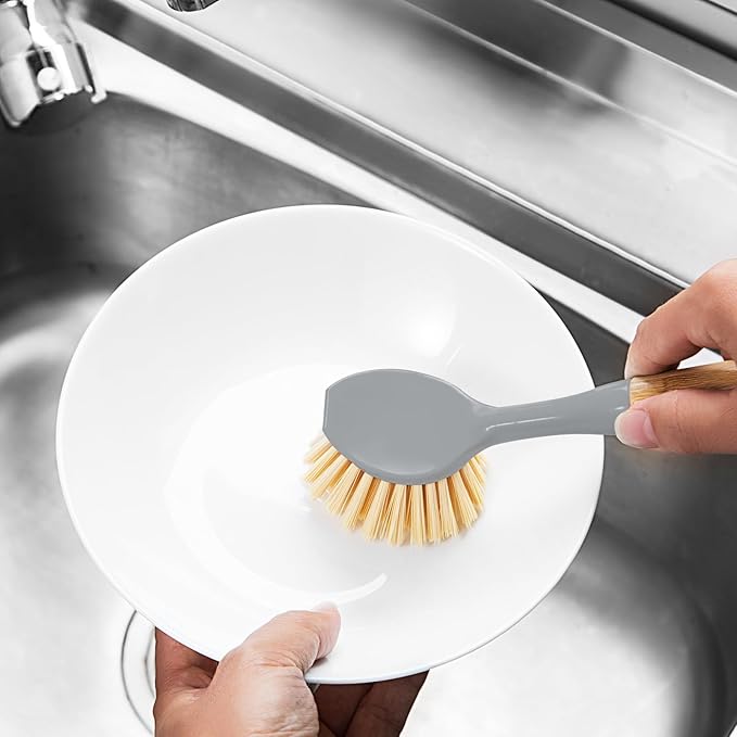 2 Pack Dish Brushes with Bamboo Handle, Kitchen Dish Scrubber Built-in Scraper, Scrub Brush for Pans, Pots, Counter & Kitchen Sink Cleaning, Dishwashing and Cleaning, Perfect Cleaning Tools, Gray - Image 2
