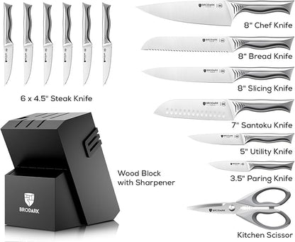 BRODARK Kitchen Knife Set with Block - 15-Piece Knife Block Set with Built-in Sharpener - High Carbon Stainless Steel Kitchen Knives Set for Kitchen - Christmas Gift, Shark Series, Mothers Day