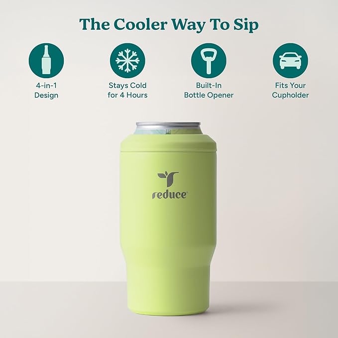 Reduce 4-in-1 Drink Cooler - Versatile Can & Bottle Holder with Vacuum Insulation - Keeps Drinks Cold Up to 4 Hours - Includes Bottle Opener - Fits Cupholders & Dishwasher Safe - 14oz - Mojito