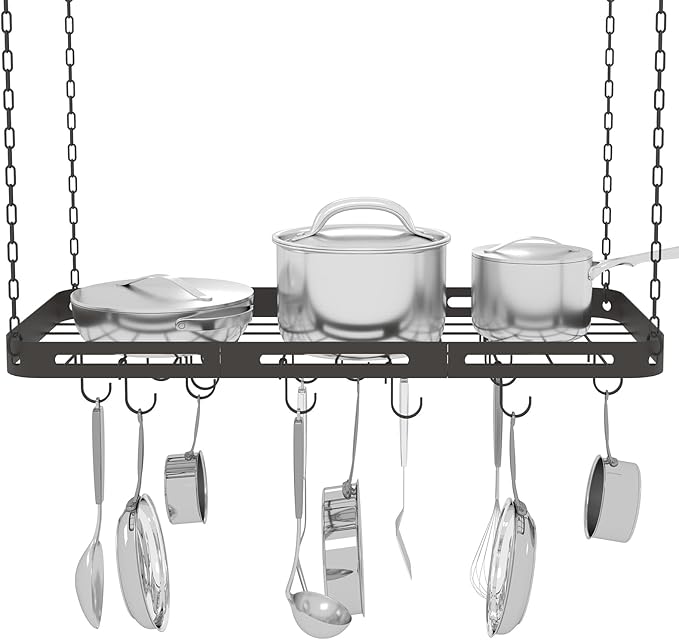33” Pots and Pans Hanging Rack, Black Hanging Pot Rack Ceiling Mount with 15 Hooks, Heavy-duty Metal Square Kitchen Ceiling Pot Rack, Pot and Pan Hanger for Kitchen Cookware Utensils