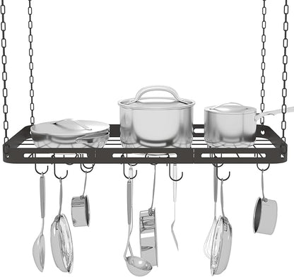 33” Pots and Pans Hanging Rack, Black Hanging Pot Rack Ceiling Mount with 15 Hooks, Heavy-duty Metal Square Kitchen Ceiling Pot Rack, Pot and Pan Hanger for Kitchen Cookware Utensils