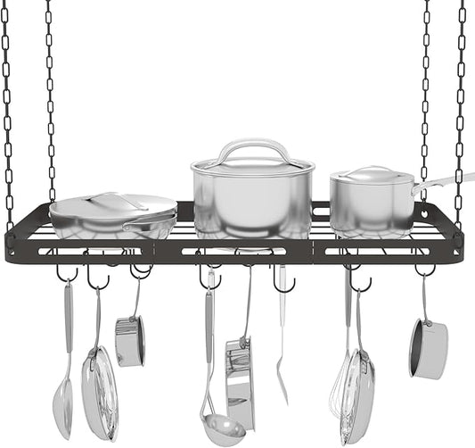 33” Pots and Pans Hanging Rack, Black Hanging Pot Rack Ceiling Mount with 15 Hooks, Heavy-duty Metal Square Kitchen Ceiling Pot Rack, Pot and Pan Hanger for Kitchen Cookware Utensils