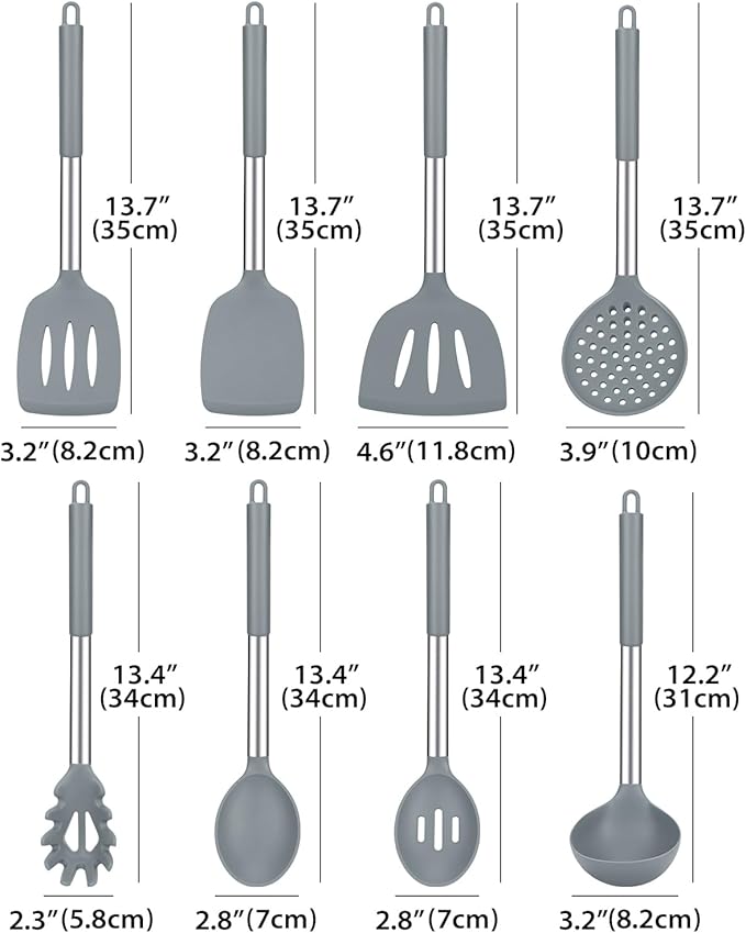 Silicone Cooking Utensil Set, 8Pcs Non-stick Cookware with Stainless Steel Handle, BPA Free Heat Resistant Kitchen Tools with Spatulas, Turnesr, Spoons, Skimer and Pasta Fork (GRAY) - Image 2