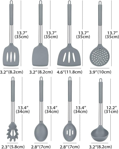 Silicone Cooking Utensil Set, 8Pcs Non-stick Cookware with Stainless Steel Handle, BPA Free Heat Resistant Kitchen Tools with Spatulas, Turnesr, Spoons, Skimer and Pasta Fork (GRAY) - Image 2
