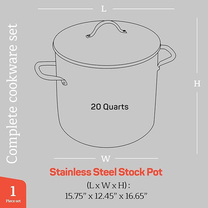 Stainless Steel Stockpot with Tempered Glass Lid 20 Quart, Durable 18/0 Stainless Steel, Impact-Bonded Base for Even Heating, Riveted Handles, Oven & All Stove Compatible, Safe Up To 500°F (260°C)