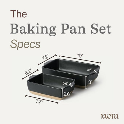 Mora Ceramic Set of 2 Baking Dishes For Casserole, Banana Bread, Brownies, Broiling, Roasting, and Baking. 7x11 in and Loaf Pans - Porcelain Serving Bakeware from Oven to Table. Freezer Safe - Liquorice - Image 2