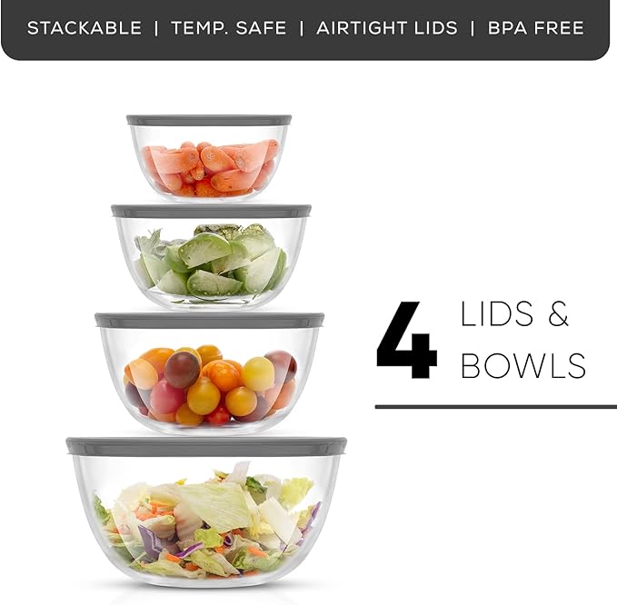 JoyJolt Kitchen Mixing Bowls - 8pc Glass with Lids Set – Neat Nesting Large Bowl Batter Cooking Storage and Big Salad BPA-Free Gray - Image 6