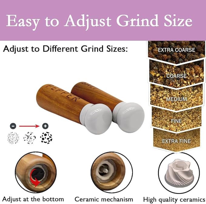 Tessie & Jessie Wooden Salt and Pepper Grinder Set, Premium Acacia Wood, 8" Elegant Refillable Salt Pepper Mill, Salt & Pepper Shakers for Seasoning, Stylish Gift Set (8"+8", Gray)