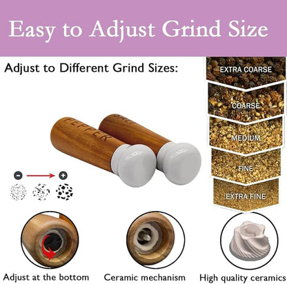 Tessie & Jessie Wooden Salt and Pepper Grinder Set, Premium Acacia Wood, 8" Elegant Refillable Salt Pepper Mill, Salt & Pepper Shakers for Seasoning, Stylish Gift Set (8"+8", Gray)