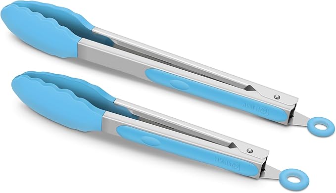 2 Pack Silicone Kitchen Tongs – 9" & 12" Set, Heat Resistant up to 500°F, Non‑Stick Cookware Safe, Wavy Silicone Tips, BPA Free, Locking Clip & Hanging Loop, Blue by ALLWIN-HOUSEWARE