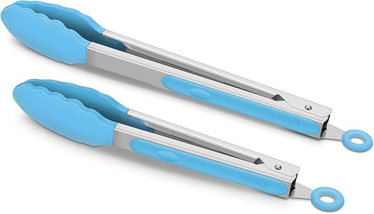 2 Pack Silicone Kitchen Tongs – 9" & 12" Set, Heat Resistant up to 500°F, Non‑Stick Cookware Safe, Wavy Silicone Tips, BPA Free, Locking Clip & Hanging Loop, Blue by ALLWIN-HOUSEWARE