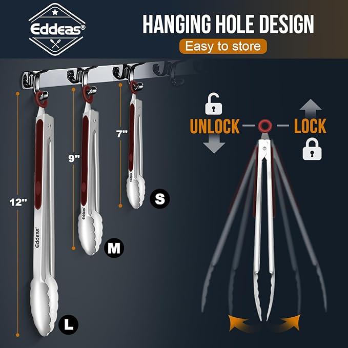 Eddeas Tongs For Cooking - 7",9" and 12 inch Kitchen Tong Heat Resistant 600 Degrees Stainless Steel Tongs, Heavy Duty Metal Locking Tong, Perfect for Food, BBQ Red Set of 3 - Image 8