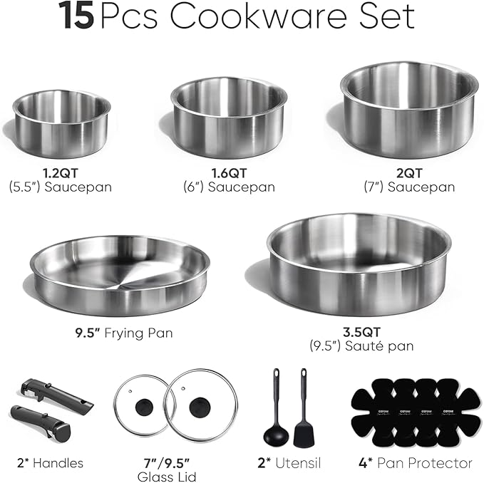 CAROTE Pots and Pans Set, Stainless Steel Cookware Set Detachable Handle, 15pcs Induction Kitchen Cookware Sets with Removable Handle, RV Cookware Set, Oven Safe, Mothers Day Gifts