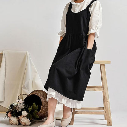 Uaussi Cotton Linen Apron Cross Back Work Apron for Women with Pockets Pinafore Dress X Cross Halter Apron for Chef Gardening - Image 4