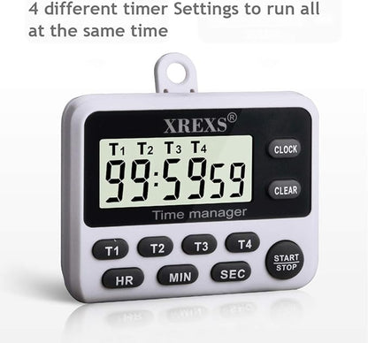 XREXS 4-Channel Digital Kitchen Timer Clock with Large LCD Display, 4 Groups Simultaneous Timing Countdown Up Pocket Timer, Magnetic Attachable (Battery Included) - Image 8