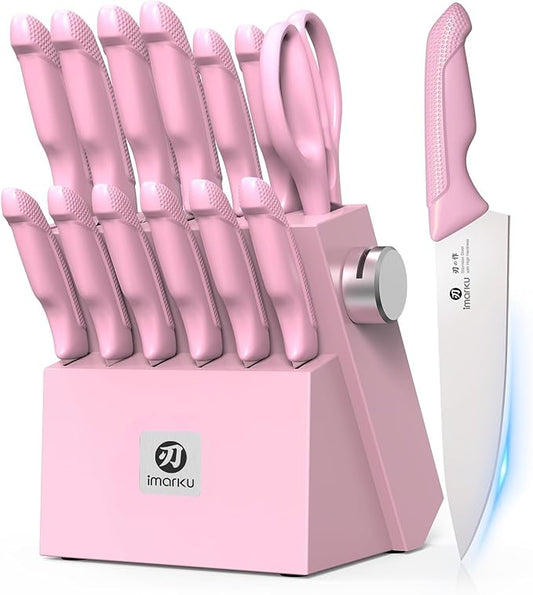 imarku Knife Set with Block, Sharp Knife Set with Built-in Sharpener, Japanese Stainless Steel Kitchen Knife Set with Non-Slip Ergonomic Handle, Dishwasher Safe, Valentine's Day Gifts, 14 PCS, Pink by imarku