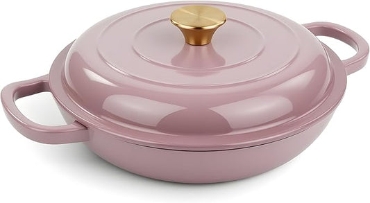 Vintage Style 3 Quart Enameled Cast Iron Braiser, Non Stick Enameled Cast Iron Skillet with Lid, Dutch Oven Skillet with lid up to 500°F for Oven, Stove, Grill, Shallow Dutch Oven for Cook, Bake (Pink)