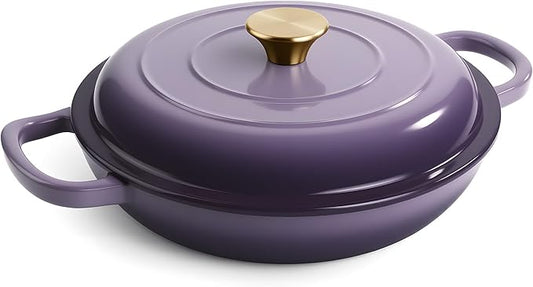 Vintage Style 3 Quart Enameled Cast Iron Braiser, Non Stick Enameled Cast Iron Skillet with Lid, Dutch Oven Skillet with lid up to 500°F for Oven, Stove, Grill, Shallow Dutch Oven for Cook, Bake (Purple) by Unknown